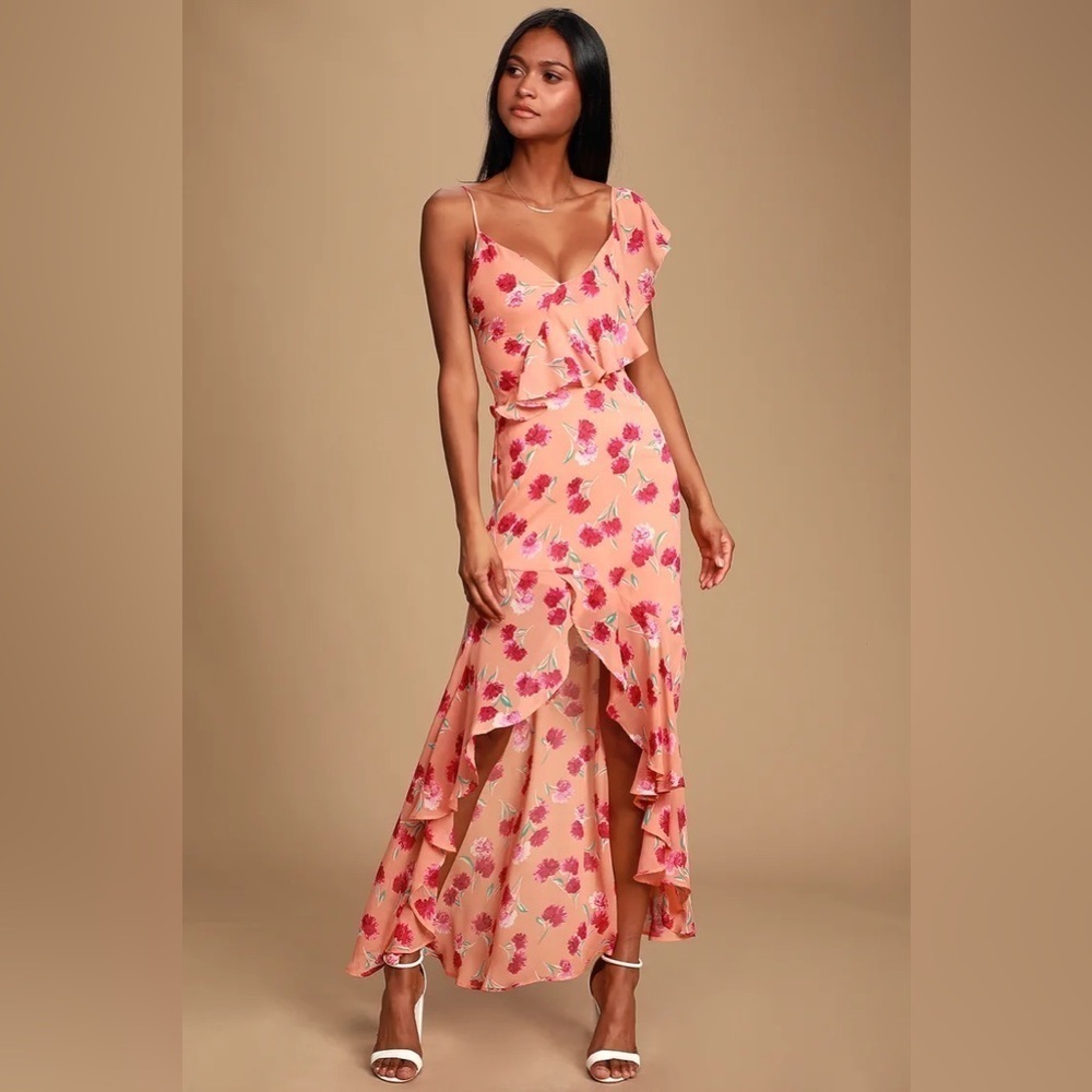 Lulu’s Bloom Forever Coral Orange Floral Print Ruffled High-Low Dress